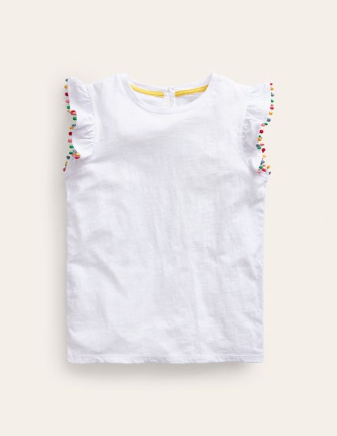 Pom Trim T-Shirt White Girls Boden