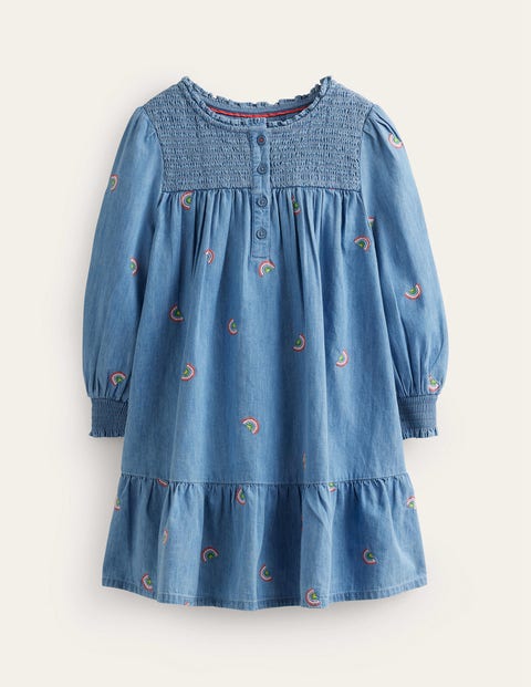 Mini Boden Kids' Embroidered Shirred Dress Scattered Rainbow Embroidery Girls Boden