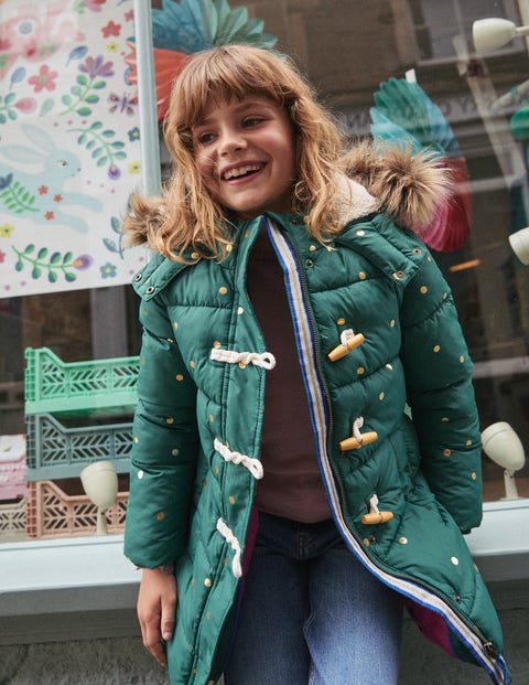 Longline Padded Coat Jewel Green Gold Foil Confetti Boden EU