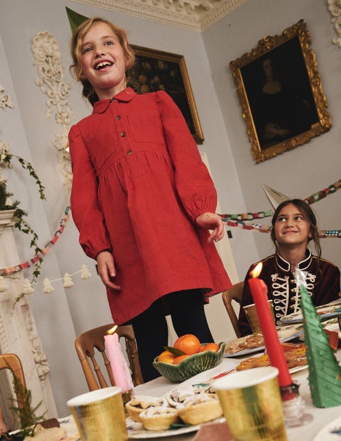Boden Girls Carmine Red Puff Sleeve Shirt Dress