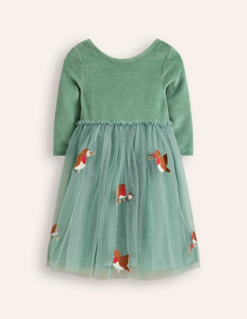 Mini Boden Velvet Tulle Appliqué Dress Eucalyptus Robins Girls Boden In Eucalyptus Robins