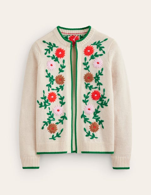 Flower Embroidered Cardigan Warm Ivory