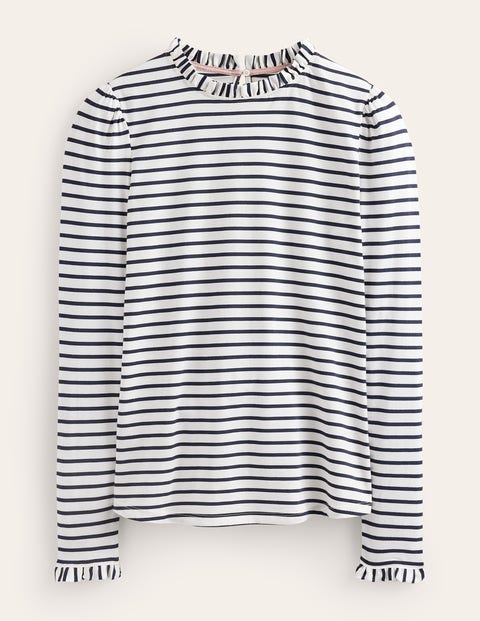 Boden Supersoft Frill Detail Top Ivory / Navy Stripe Women  In Ivory / Navy Stripe
