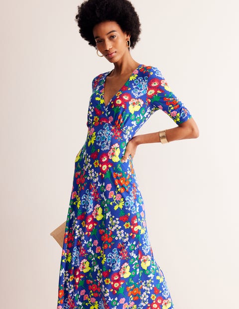 Rebecca Jersey Midi Tea Dress - Blue, Wildflower Cluster | Boden US