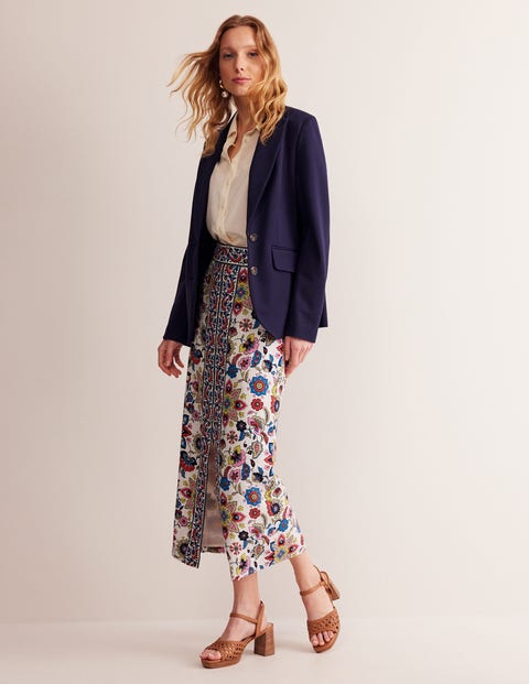 Split Front Column Linen Skirt Ivory Floral Boden US