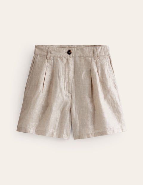 Pleated Linen Shorts Neutral Metallic Boden UK