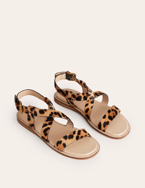 Cross Strap Flat Sandals - Classic Leopard Pony | Boden UK