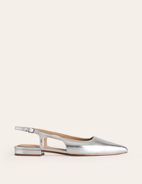 Boden Cut Out Slingback Flats Silver Leather Women