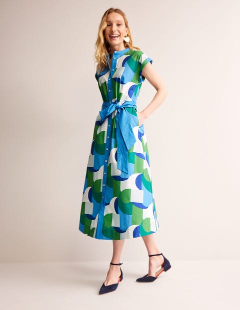 Amanda Cotton Midi Shirt Dress - Blue, Geometric Swirl