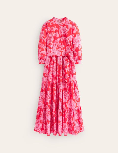 Boden Alba Tiered Cotton Maxi Dress Flame Scarlet, Cascade Paisley Women