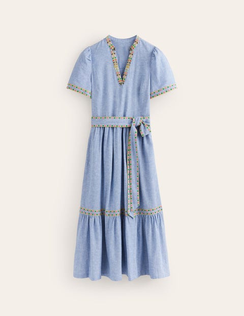 Embroidered Linen Blend Dress Blue Women Boden