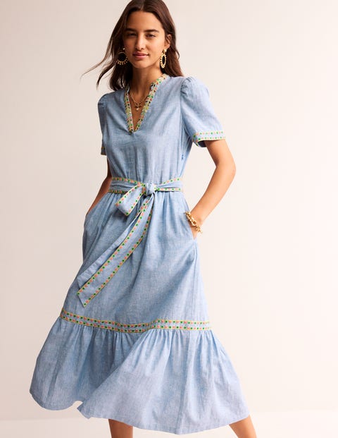 Embroidered Cotton Midi Dress - Chambray