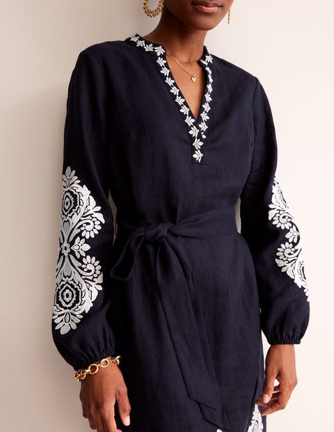 Cleo Embroidered Linen Dress - Navy, White
