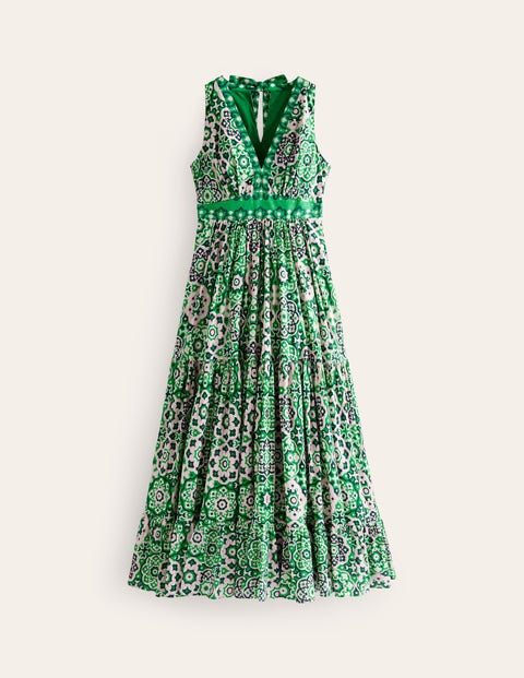 Cotton Maxi Tie Neck Dress Green Women Boden
