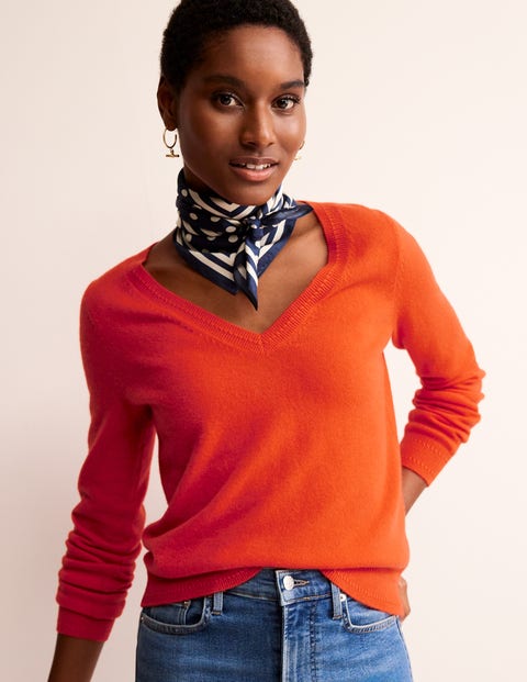 Eva Cashmere V-Neck Jumper Red Women Boden, Fiesta Orange