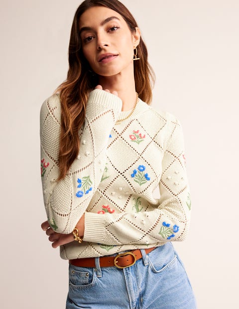 Bestickter Pullover aus Baumwolle Damen Boden, Warmes Naturweiß