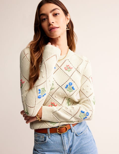 Cotton Embroidered Jumper White Women Boden, Warm Ivory