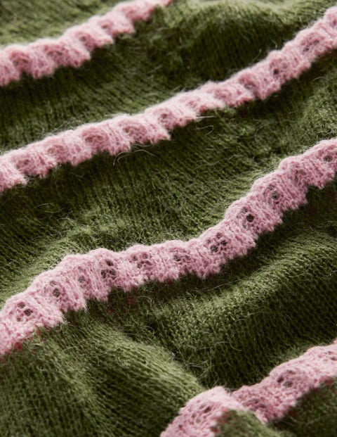 Fluffy Pointelle Sweater - Green, Orchid Pink Stripe