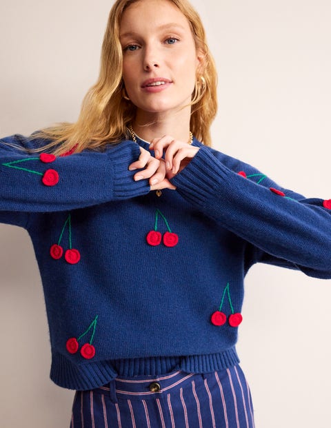 Hand Embroidered Jumper Blue Women Boden, Navy Peony, Cherries