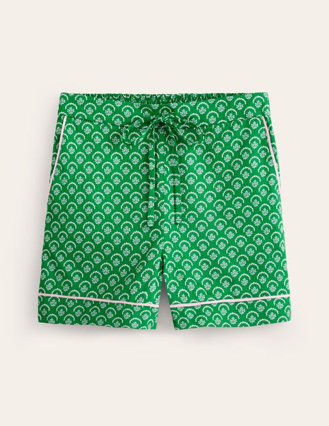 Cotton Sateen Pajama Shorts - Green, Ditsy Vine