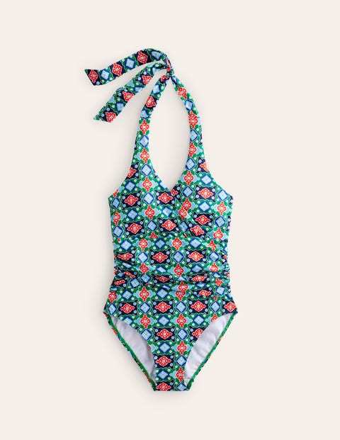 Boden Levanzo Ruched Halter Swimsuit Green Tambourine, Coastal Tile Women