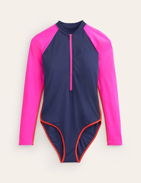 piped raglan sleeve swimsuit blue women boden, navy/ super pink colourblock