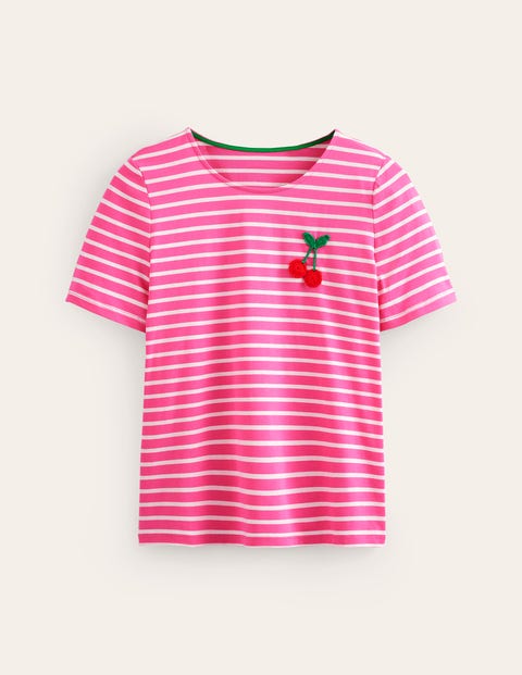 Gehäkeltes T-Shirt Damen Boden, Rosa, Naturweiß Kirschen