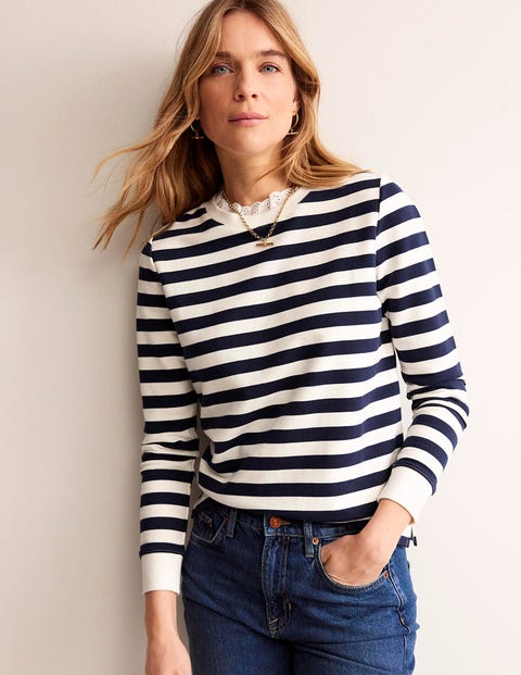 Sweatshirt mit Lochstickerei-Besatz Damen Boden, Naturweiß, Marineblau Gestreift