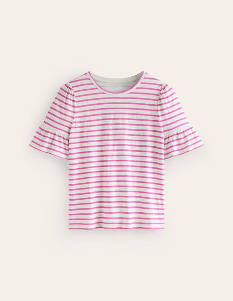 T-Shirt mit Rundhalsausschnitt und Rüschen-Ärmeln Damen Boden, Naturweiß Sangria Sunset Pink