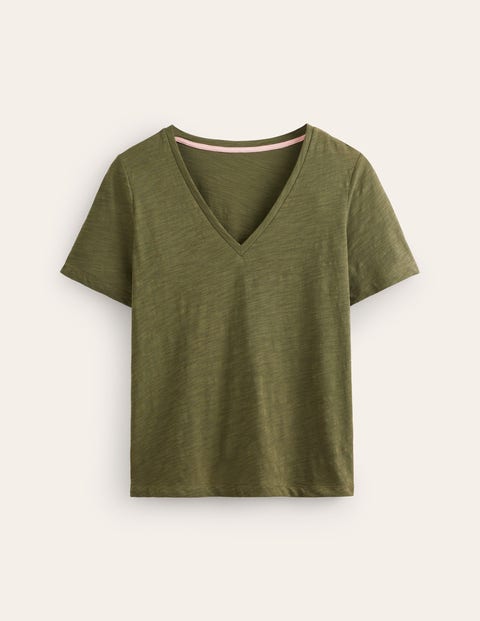 Regular V-Neck Slub T-shirt Green Women Boden