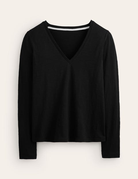 Cotton V-Neck Long Sleeve Top - Black | Boden US