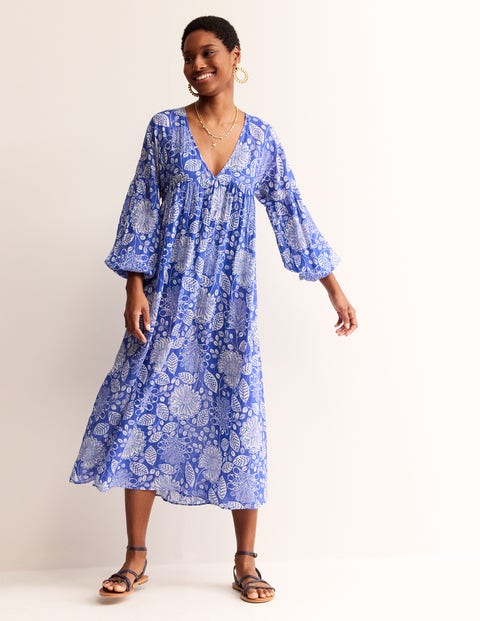 Sarah Maxi Kaftan Dress - Surf The Web, Gardenia Swirl