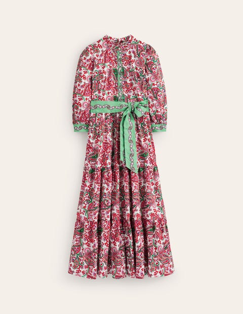 FLORAL PRINT COLOR BLOCK COLLAR NECKLINE MAXI DRESS (MULTI