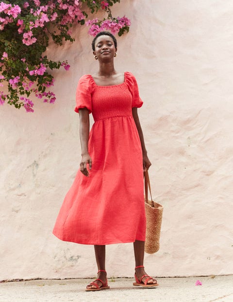 Sky Smocked Linen Midi Dress - Hibiscus | Boden AU