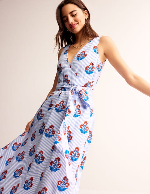 Linen Wrap Midi Dress Mandarin Orange Floret Stem Boden EU