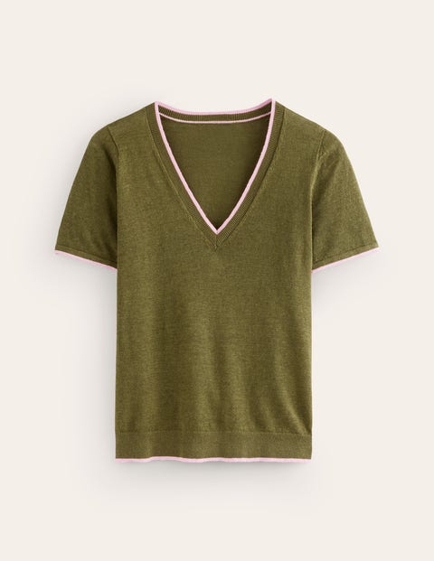 Maggie V-Neck Linen T-Shirt Green Women Boden