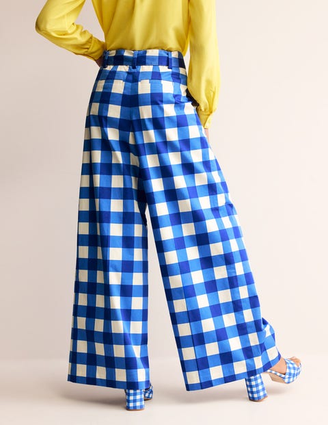 Palazzo Cotton Sateen Pants - Nautical Blue & Ivory Gingham