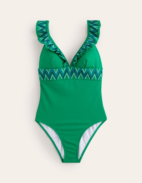 Boden Embroidered Ruffle Swimsuit Green Women