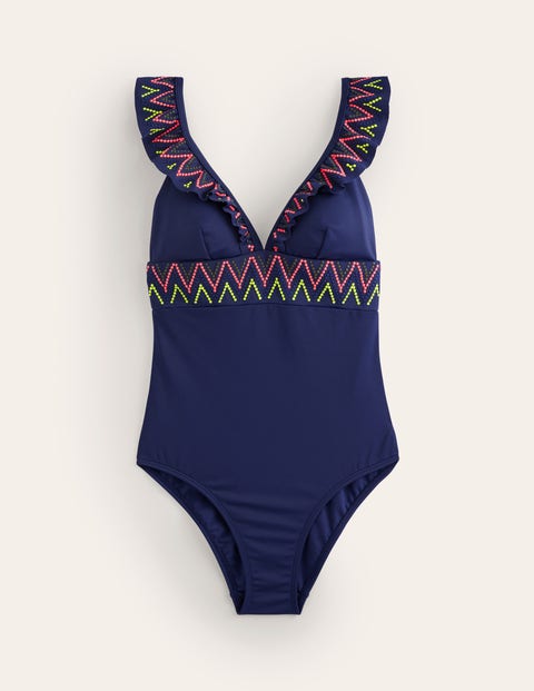 Boden Embroidered Ruffle Swimsuit Navy Women  In Blue