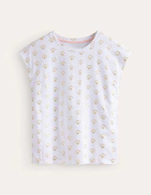 Louisa Flammgarn-T-Shirt mit Druck Damen Boden, Weiß, kleiner Zweig Folie