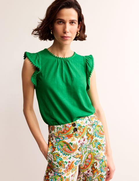 Pom Trim Ruffle Sleeve Top - Green Tambourine | Boden EU