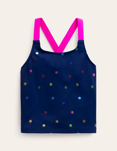 Johnnie B Cross-back Tankini Top Navy Rainbow Confetti Spot Girls Boden In Navy Rainbow Confetti Spot