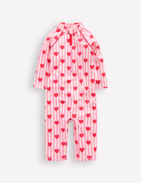 Mini Boden Printed Sun Safe Surfsuit Bubblegum Pink Heart Stripe Baby Boden In Bubblegum Pink Heart Stripe