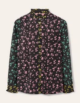 Ruffle Silk Shirt - Black and Azalea, Floral Sprig | Boden US