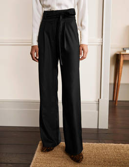Almaeh Pants - High Waisted Tie Waist Wide Leg Satin Pants in Black