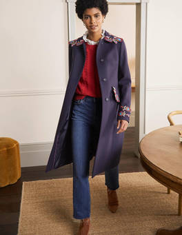 Floral Embroidered Coat - Navy Embroidered | Boden US