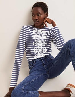Embroidered Breton Top - Navy/Ivory, Floral Embroidery | Boden US