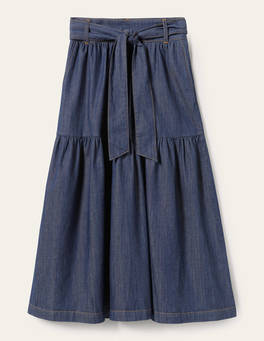 Tiered Belted Midi Skirt - Mid Vintage Denim | Boden US
