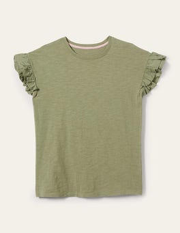 Woven Frill Sleeve T-shirt - Rainforest Floor Green | Boden US