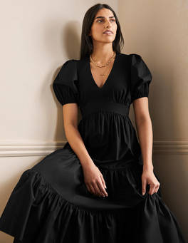 Puff Sleeve Tiered Midi Dress - Black